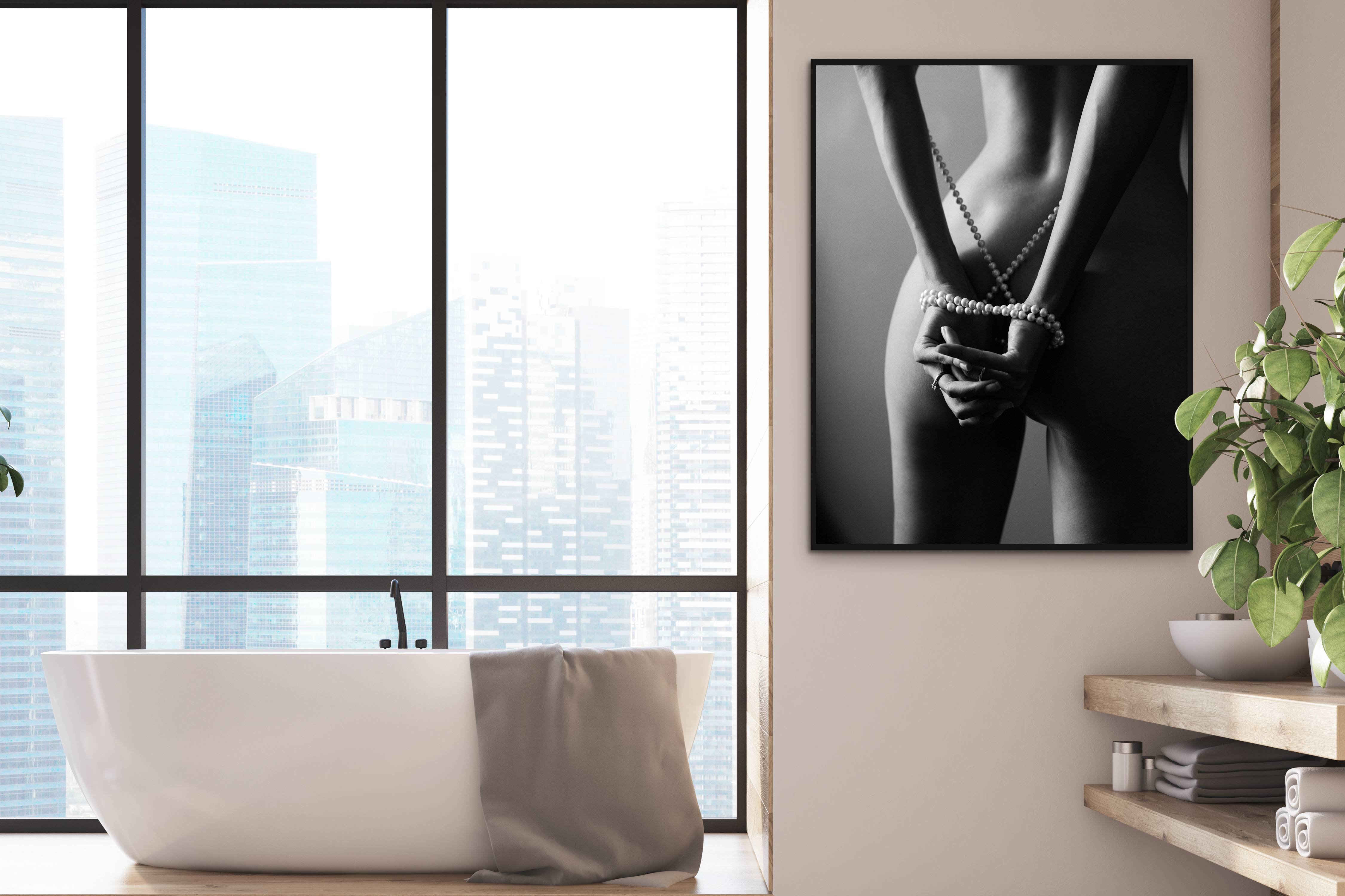 Black and White Boudoir wall art in a bathroom