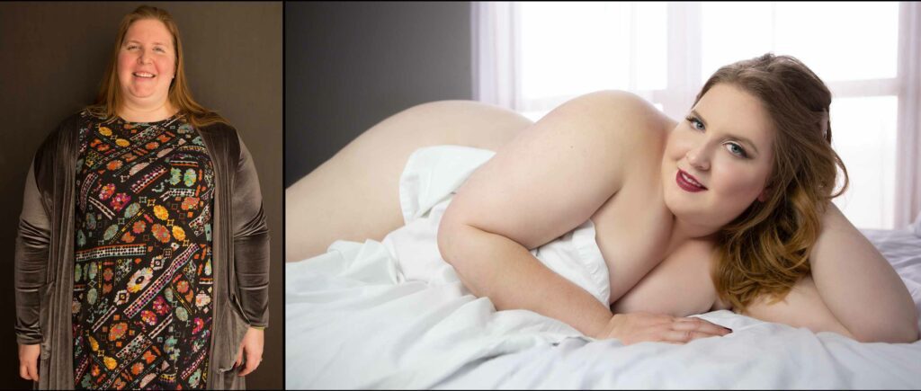 Side by side plus size boudoir hair and makeup transformation